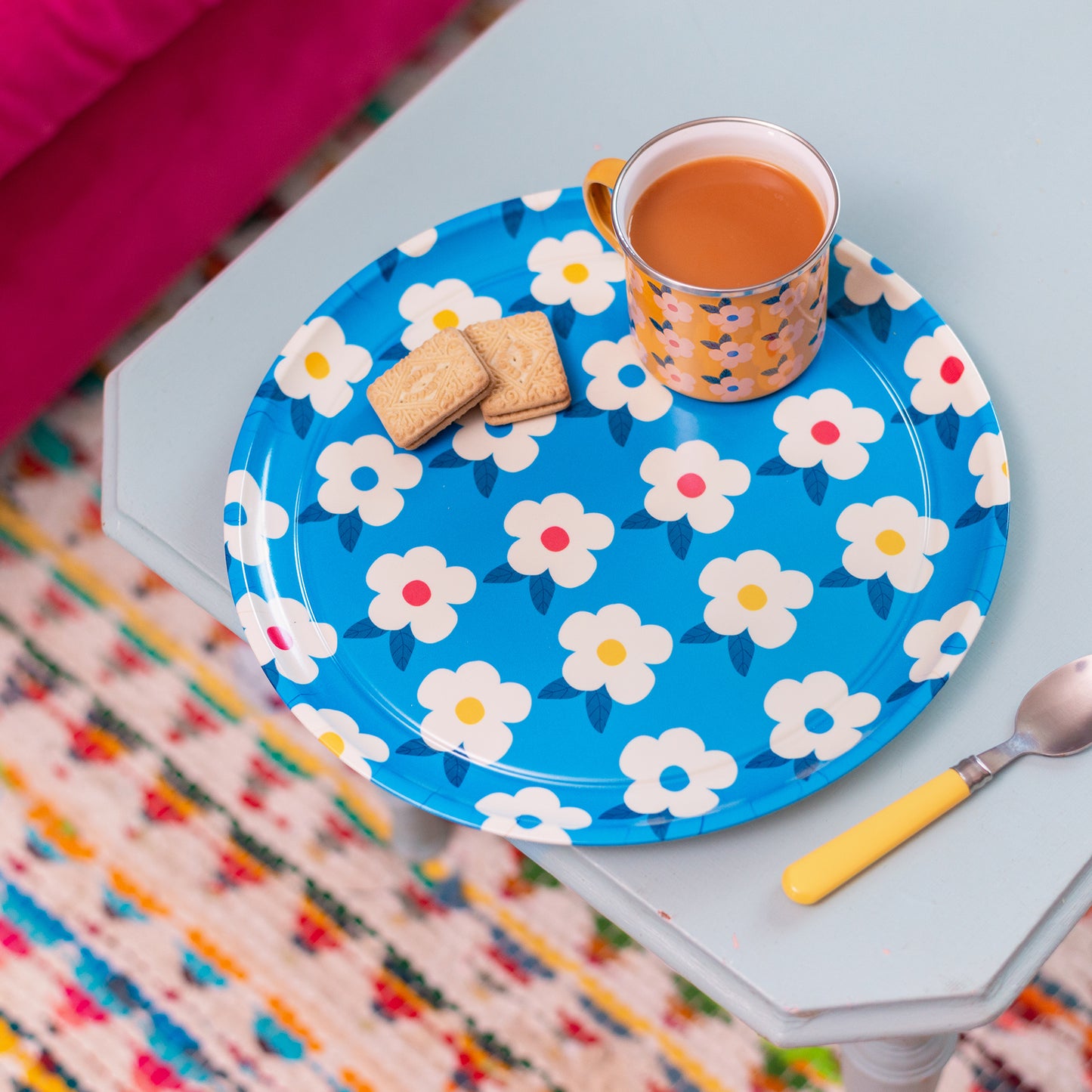 Gorgeous Round Tray Retro Floral Ocean Blue - Enamelhappy - Enamelhappy