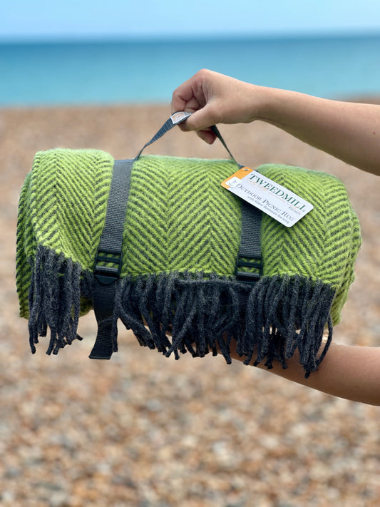 Zest Lime Green/Grey Herringbone Pure New Wool Picnic Rug - Enamelhappy