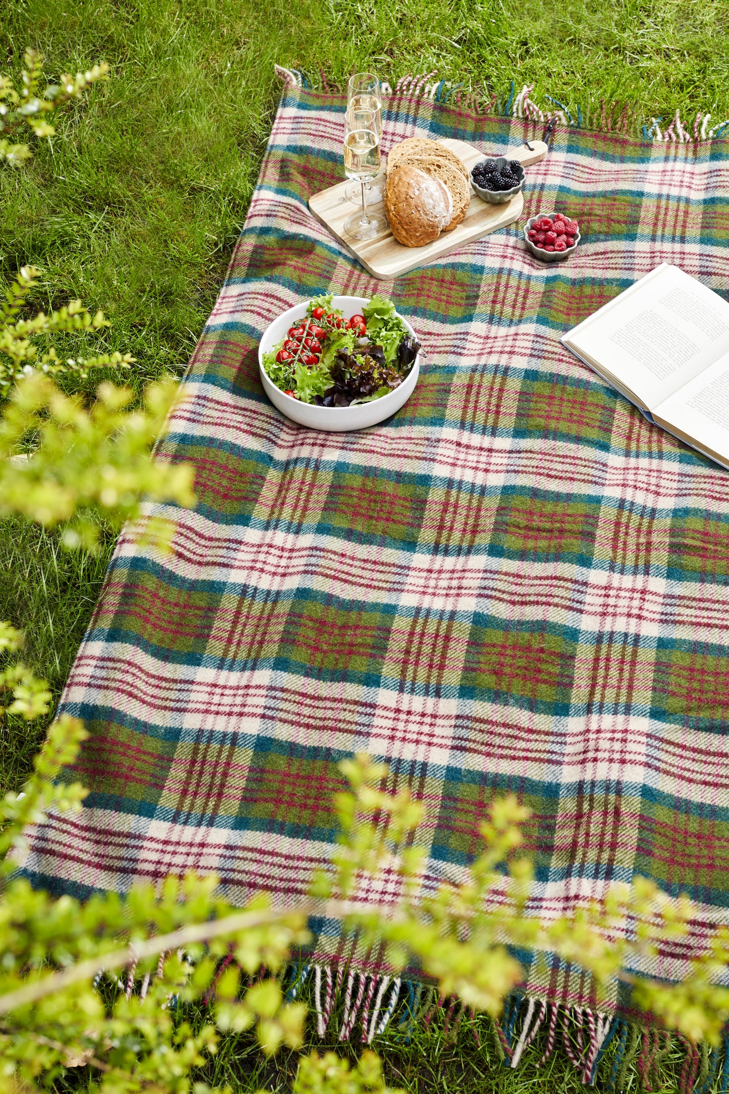 Thistleberry & Wine Picnic Rug Blanket Tartan Checked Burgundy/Claret with Leather Carry Strap