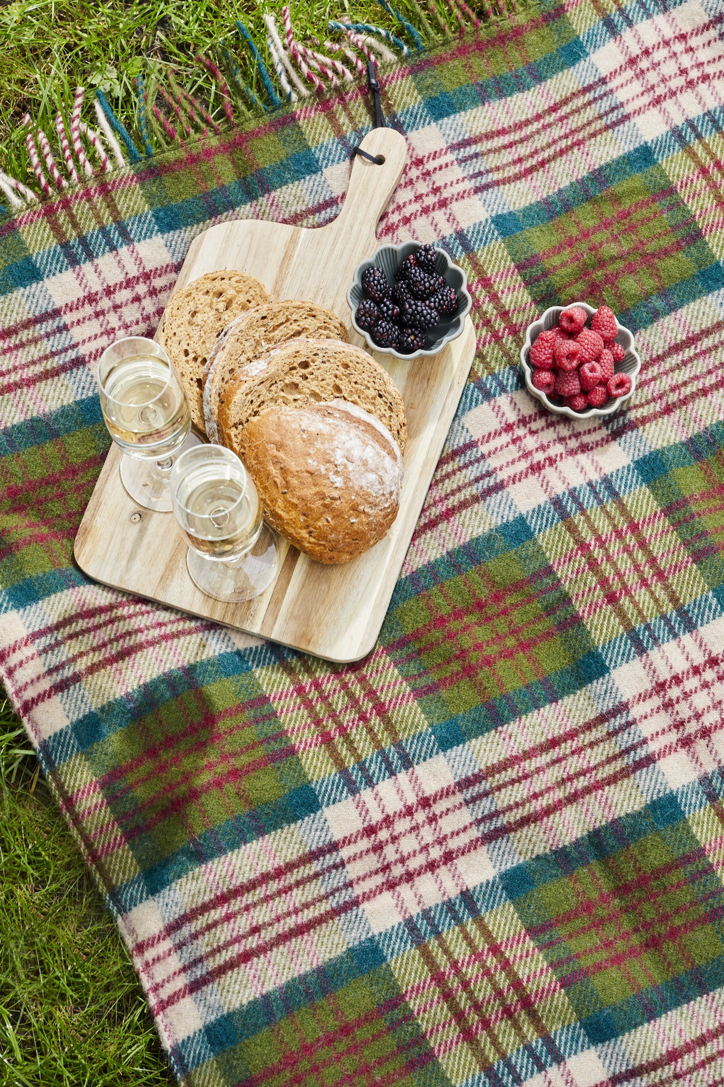 Thistleberry & Wine Picnic Rug Blanket Tartan Checked Burgundy/Claret with Leather Carry Strap