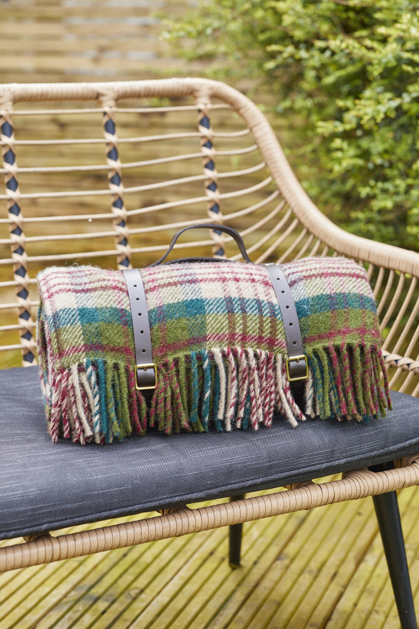 Thistleberry & Wine Picnic Rug Blanket Tartan Checked Burgundy/Claret with Leather Carry Strap