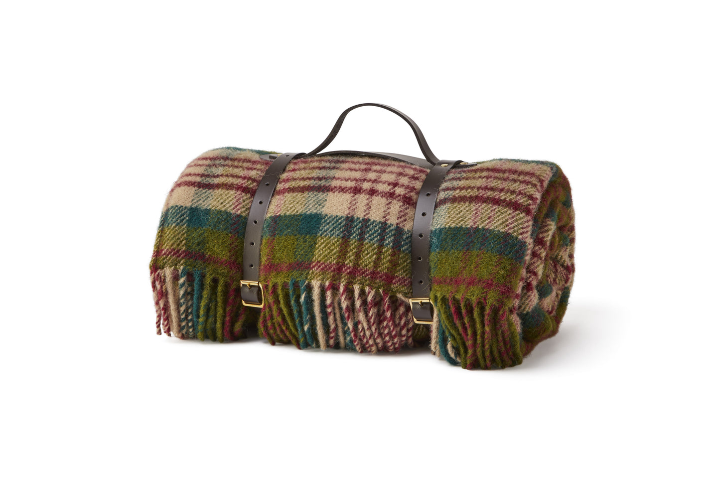 Thistleberry & Wine Picnic Rug Blanket Tartan Checked Burgundy/Claret with Leather Carry Strap