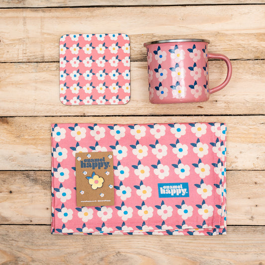 ROSE PINK GIFT SET For Her Retro Floral Enamel Cup - Beautiful Tin Mug - Cork Coaster - Pin Badge - Tea Towel - Colourful Home - Enamelhappy