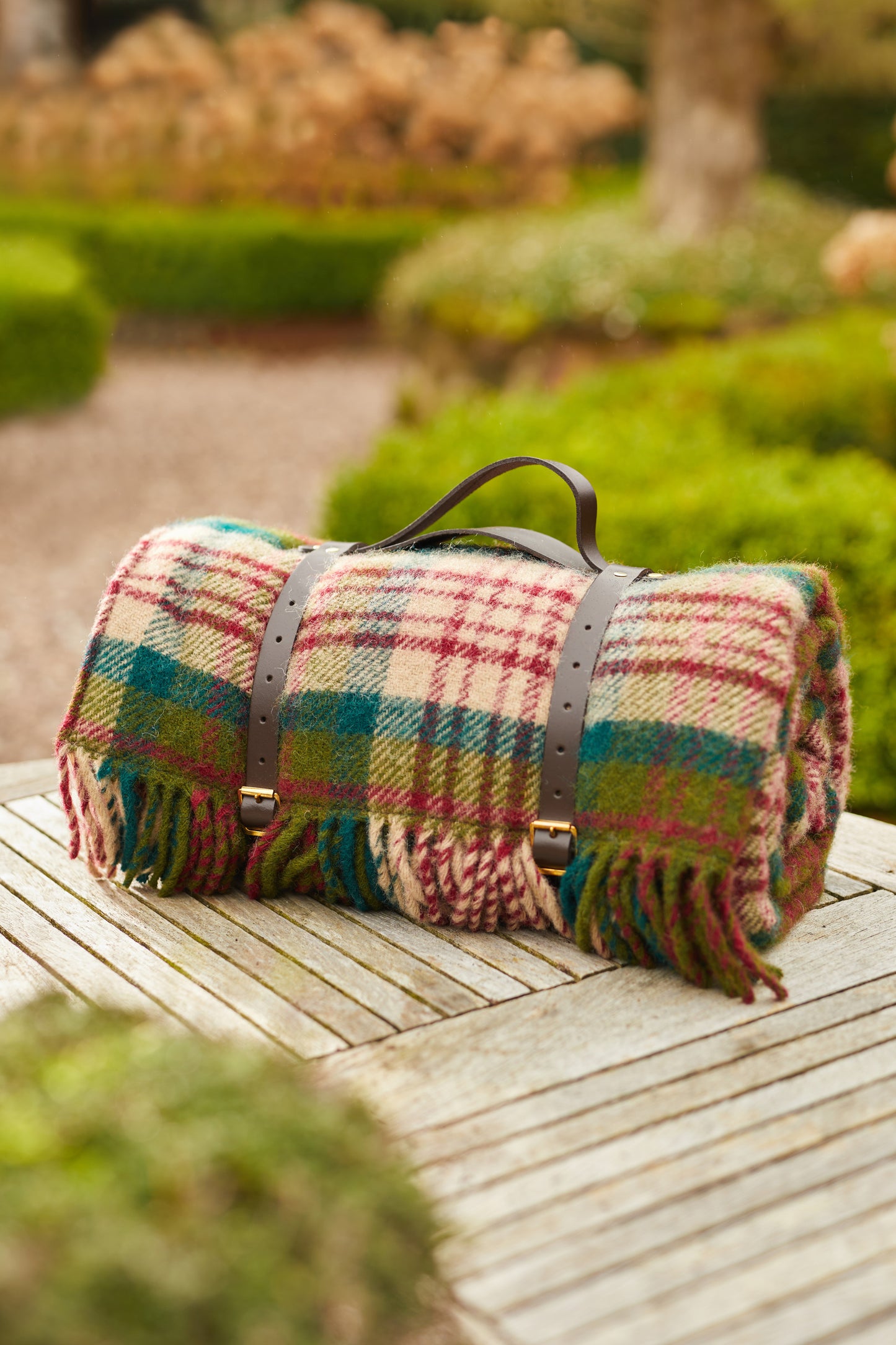 Thistleberry & Wine Picnic Rug Blanket Tartan Checked Burgundy/Claret with Leather Carry Strap