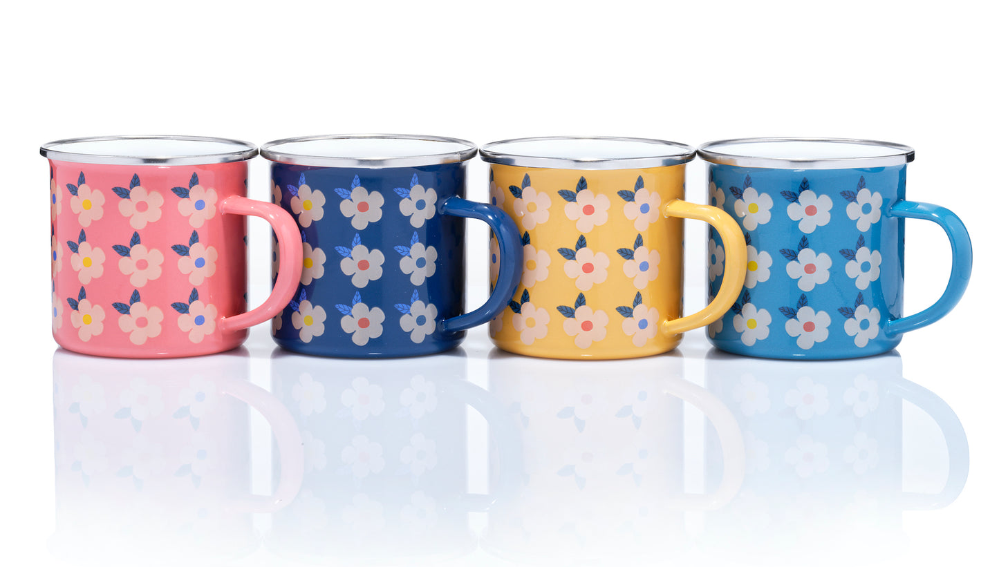 A Set of Four Beautiful Enamel Mugs in our Stunning Retro Vintage Floral - Honey Yellow Rose Pink Ocean Blue Midnight Blue Edit alt text