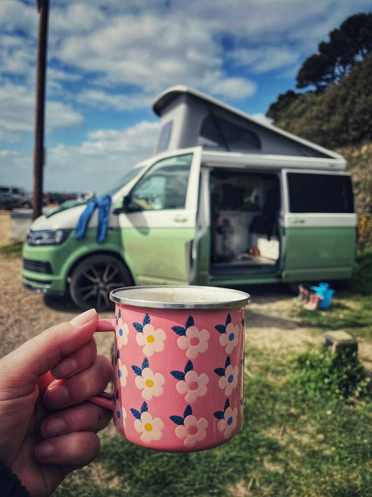 Beautiful Enamel Mug Stunning Retro vintage Floral - Rose Pink - Customer Photograph Camping Camper