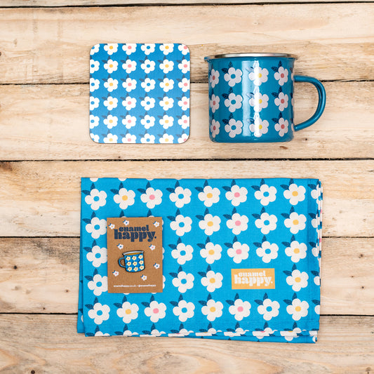 BLUE GIFT BUNDLE For Her Ocean Blue Retro Floral Enamel Cup Campervan Tin Mug Tea Towel Turquoise Colour Pop Home - Enamelhappy