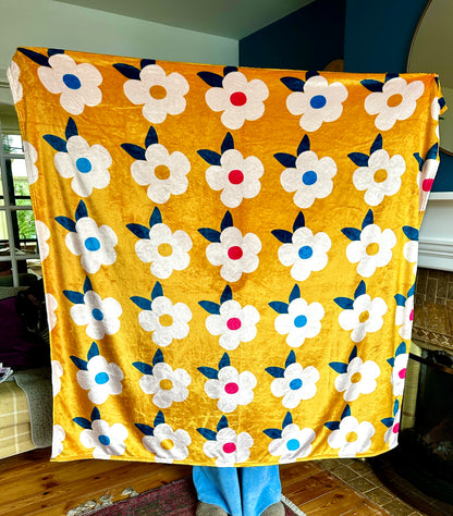 Retro Floral Honey Yellow Mustard Ultra Plush Cuddle Soft Large Fleece Blanket/Throw