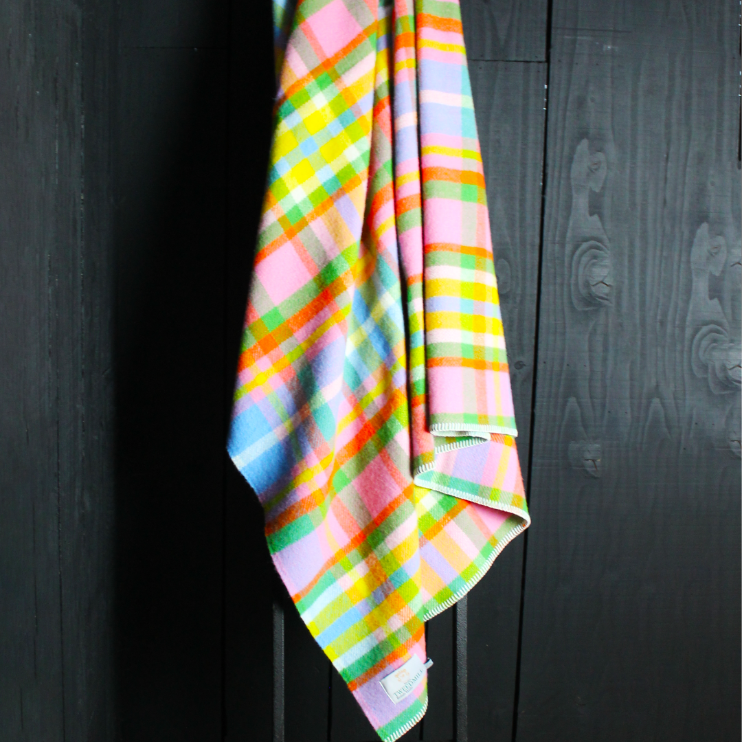Rainbow Check Wool Throw Blanket: Tweedmill, British Made