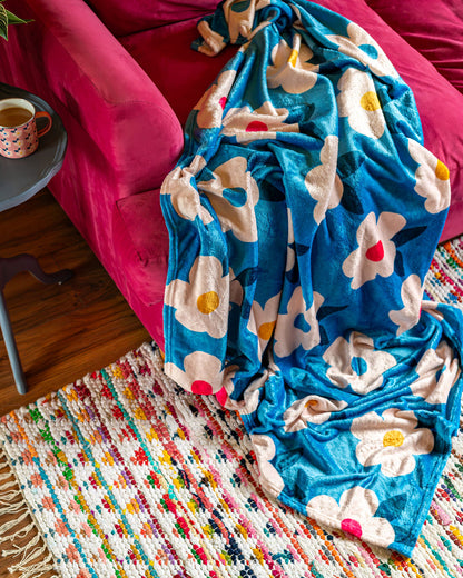 Retro Floral Ocean Blue Teal Große Fleecedecke/Überwurf – Emaillehappy