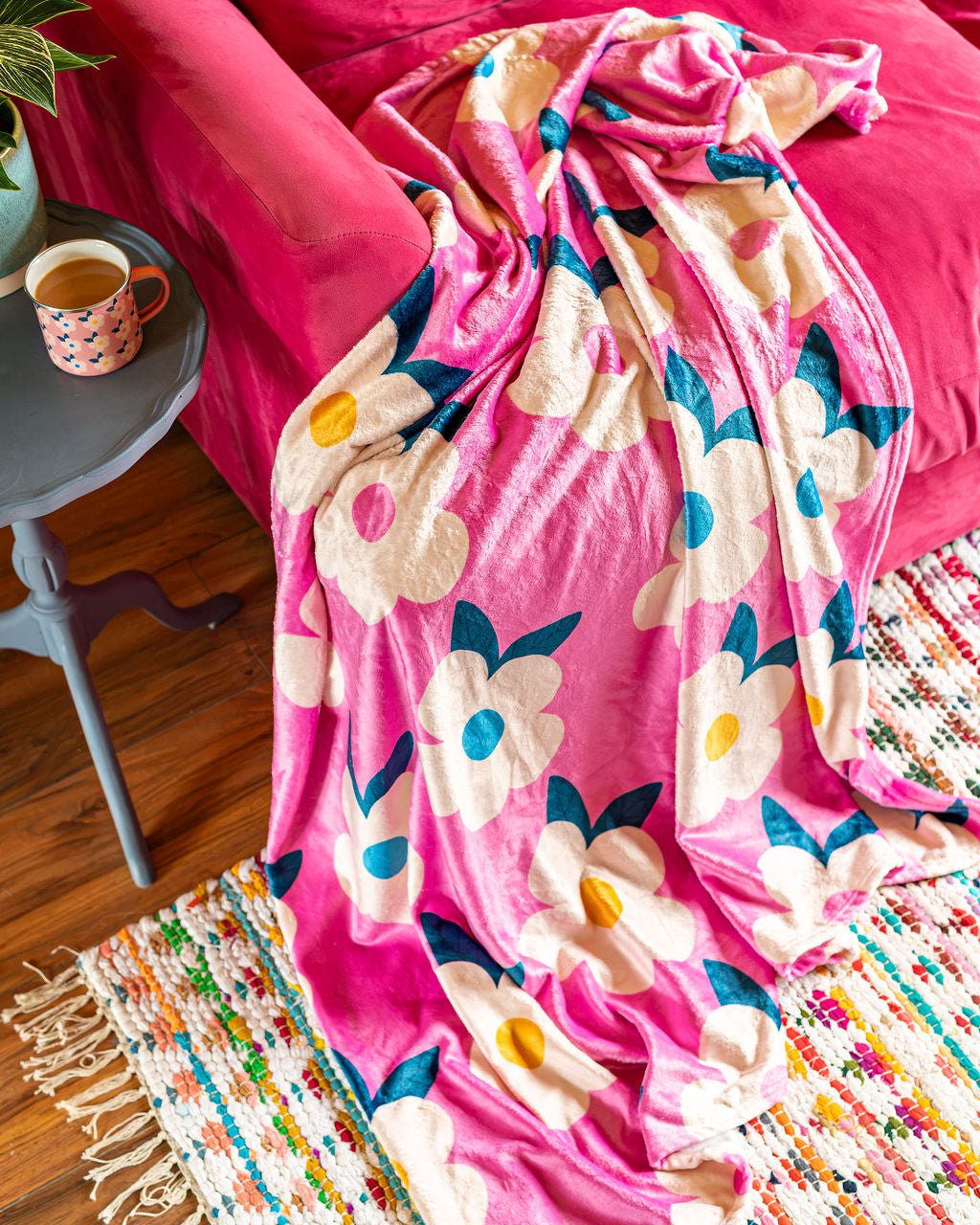 Grande couverture/jet en polaire rétro floral rose rose - Emailhappy