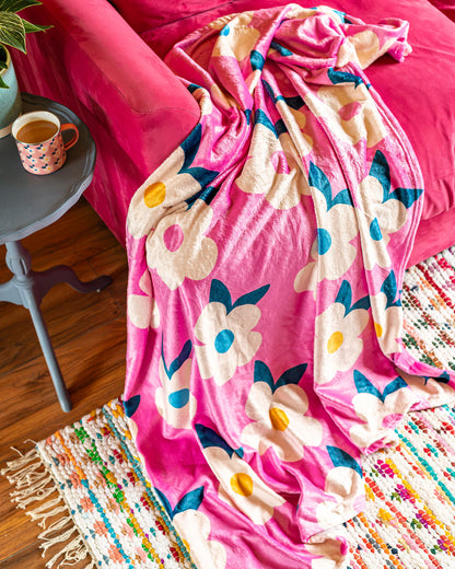 Grande couverture/jet en polaire rétro floral rose rose - Emailhappy