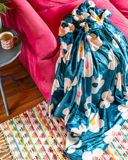 Retro Floral Midnight Navy Blue Große Fleecedecke/Überwurf – Emaillehappy