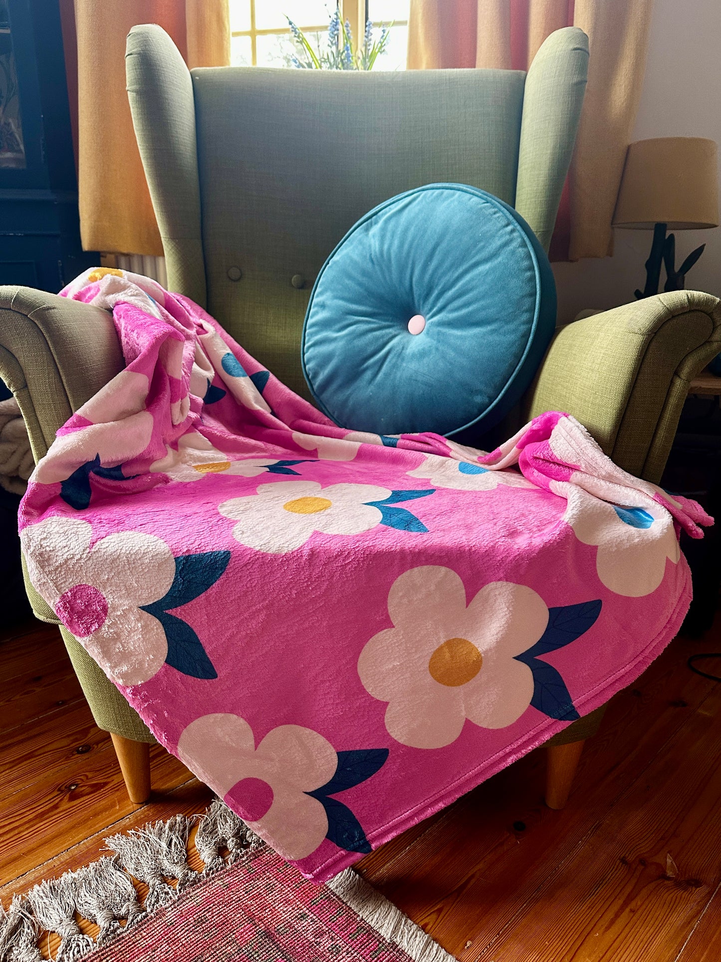Retro Floral Rose Pink Große Fleecedecke/Überwurf – Emaillehappy