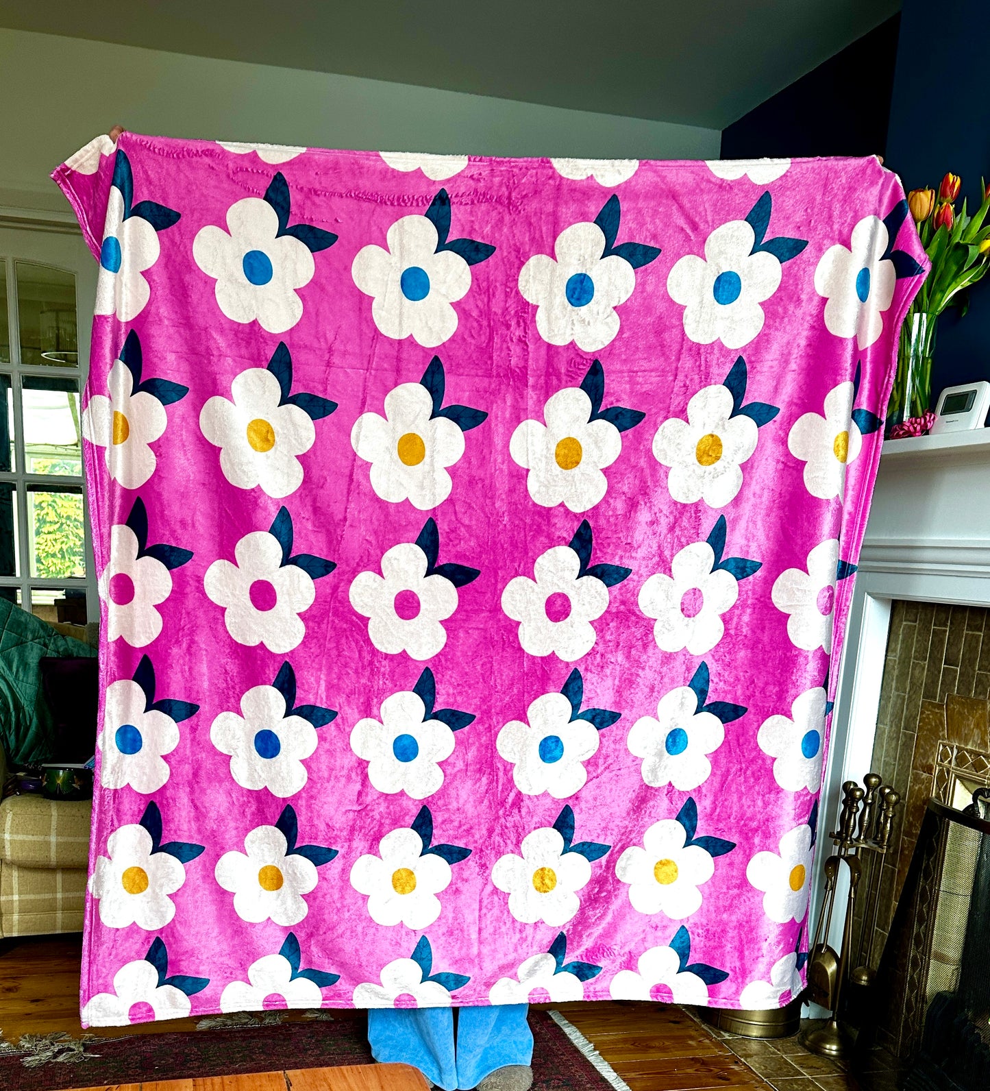Retro Floral Rose Pink Große Fleecedecke/Überwurf – Emaillehappy