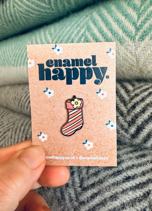 Limited Edition Rose Pink Retro Christmas Stocking Enamel Pin Badge