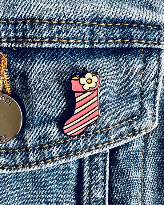 Limited Edition Rose Pink Retro Christmas Stocking Enamel Pin Badge