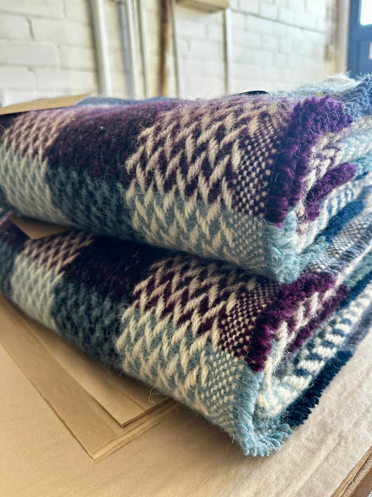 British Welsh Wool Check Throw Blanket, Recycled 100%