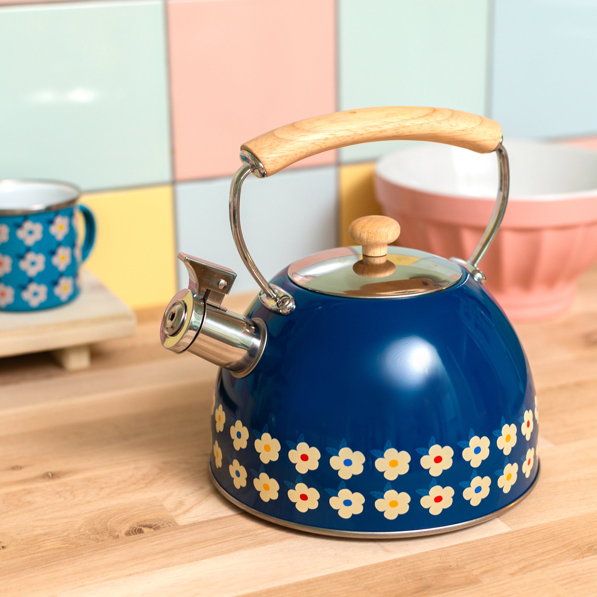 2.5L Whistling Kettle Stainless Steel Midnight Navy Blue Floral - Enamelhappy - Enamelhappy