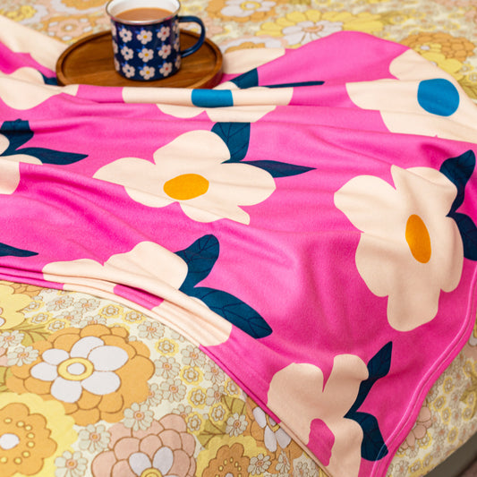 Retro Floral Rose Pink Large Fleece Blanket/Throw - Enamelhappy