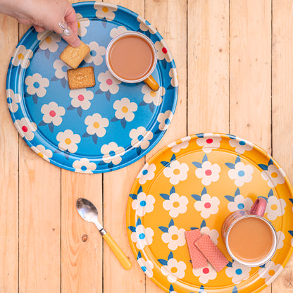 Gorgeous Round Tray Retro Floral Ocean Blue - Enamelhappy