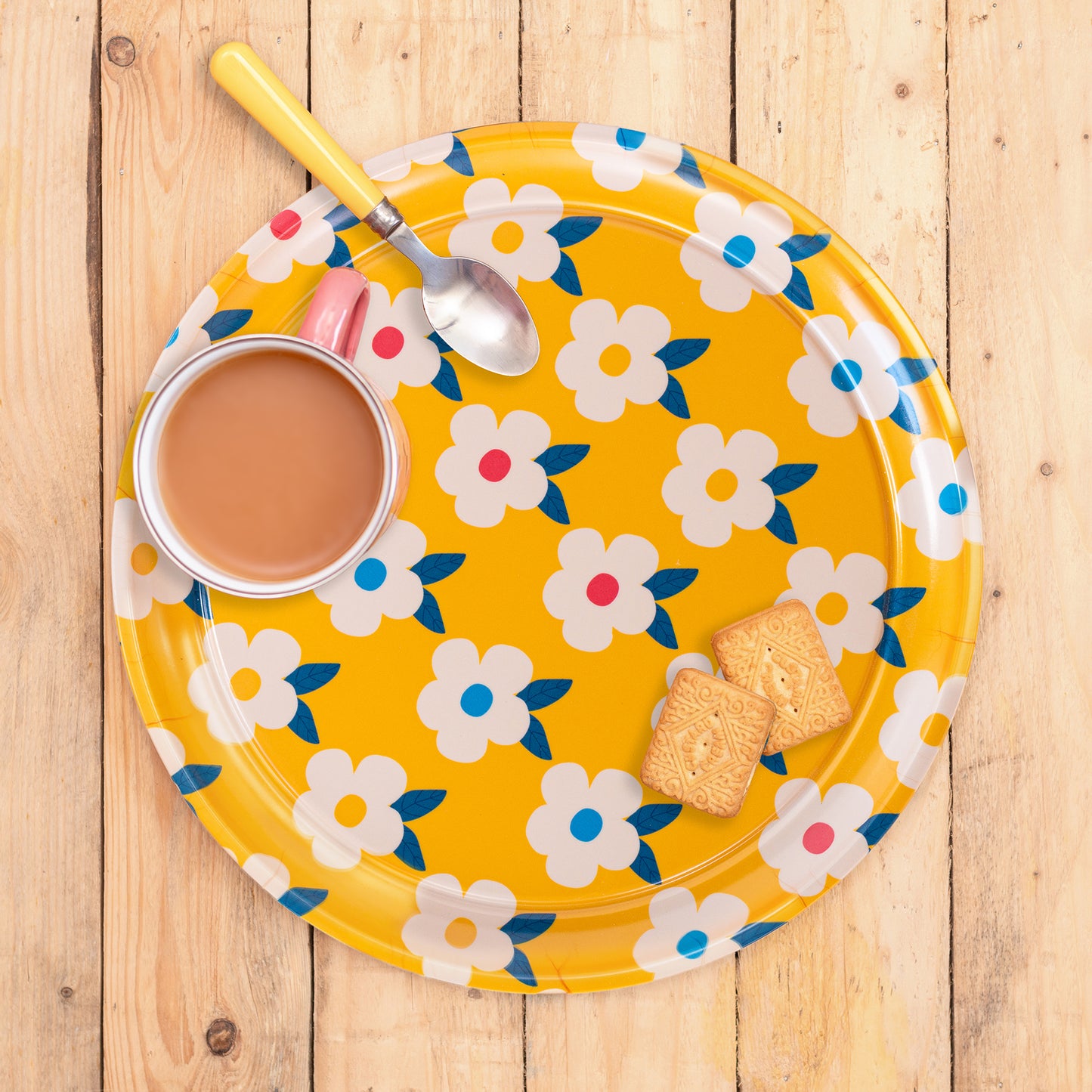 Gorgeous Round Tray Retro Floral Honey Yellow - Enamelhappy