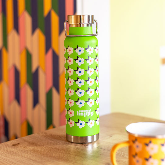 650ml Copper Insulated Retro Floral Print Water Bottle Lime Green - Enamelhappy
