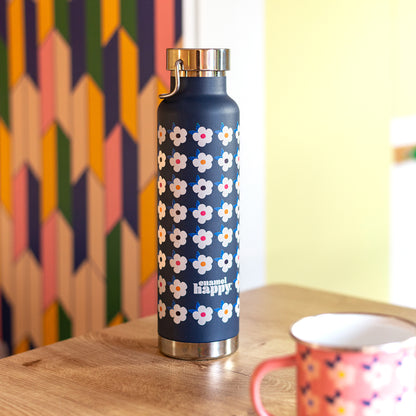 650ml Copper Insulated Retro Floral Print Water Bottle Lime Green / Navy - Enamelhappy