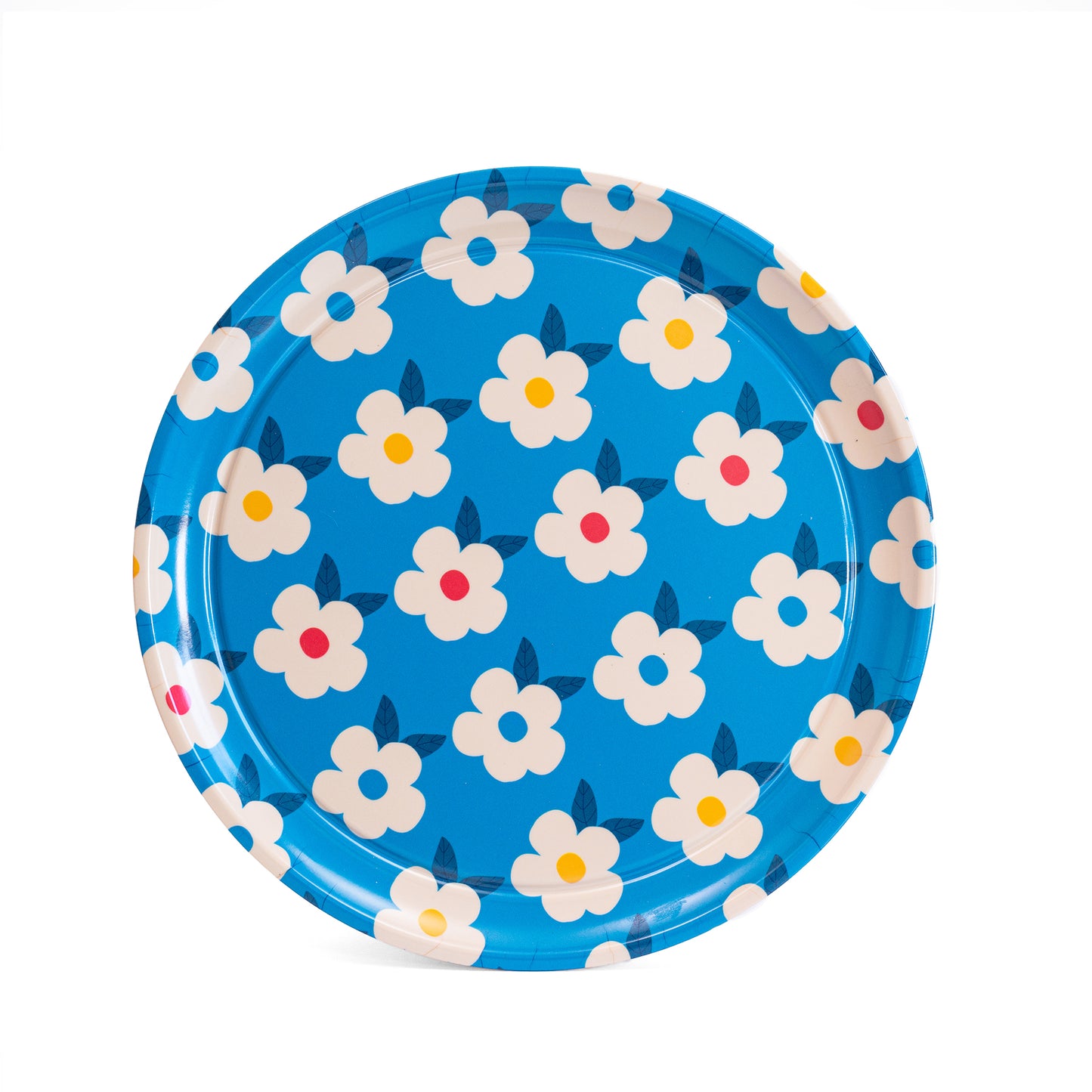 Gorgeous Round Tray Retro Floral Ocean Blue - Enamelhappy