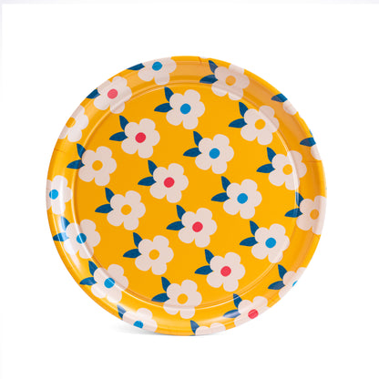 Gorgeous Round Tray Retro Floral Honey Yellow - Enamelhappy