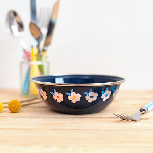 Beautiful Enamel Bowls in Midnight Navy Blue Retro Daisy Floral Print - Enamelhappy