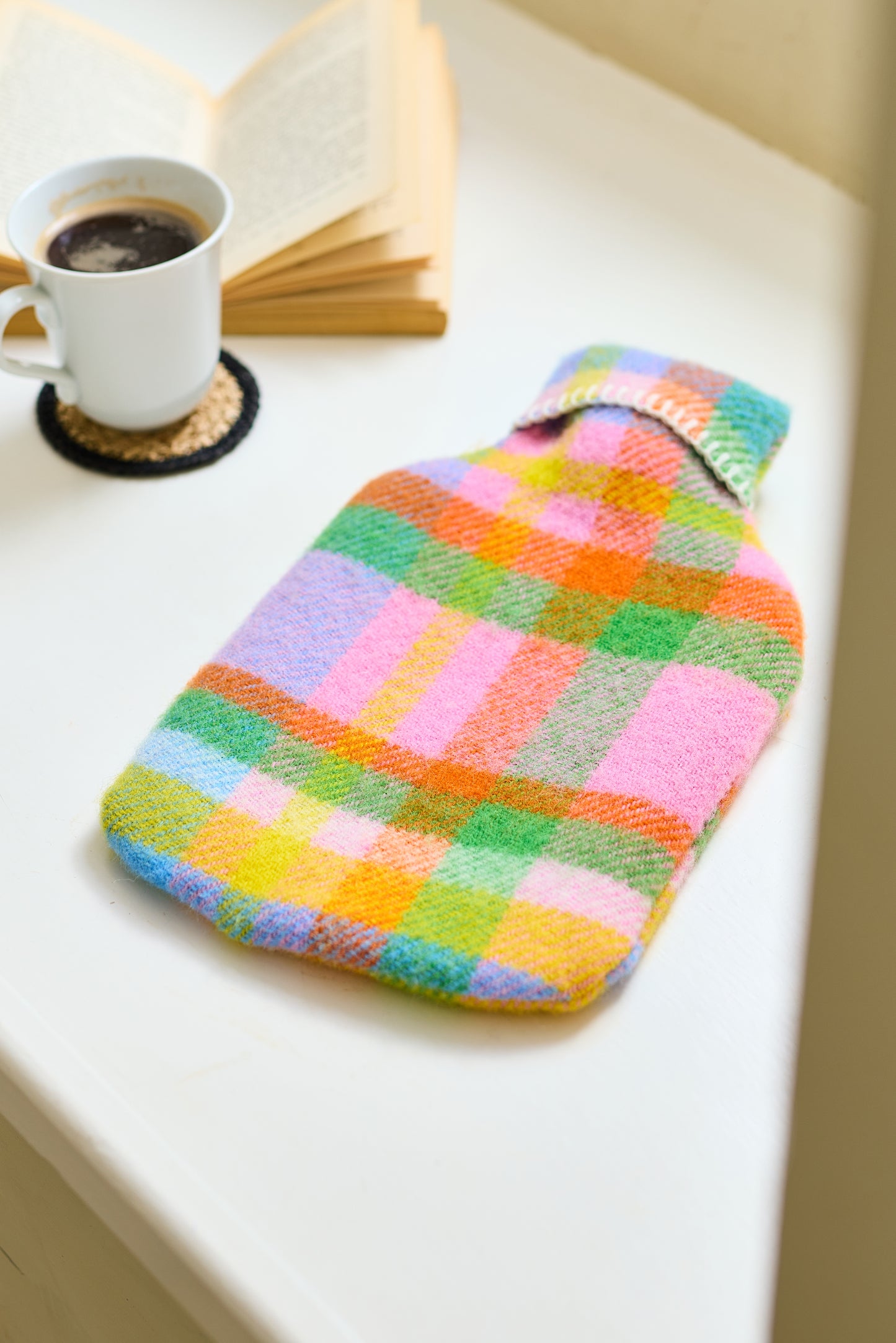 Pure New Wool Hot Water Bottle Bright RainBow Check
