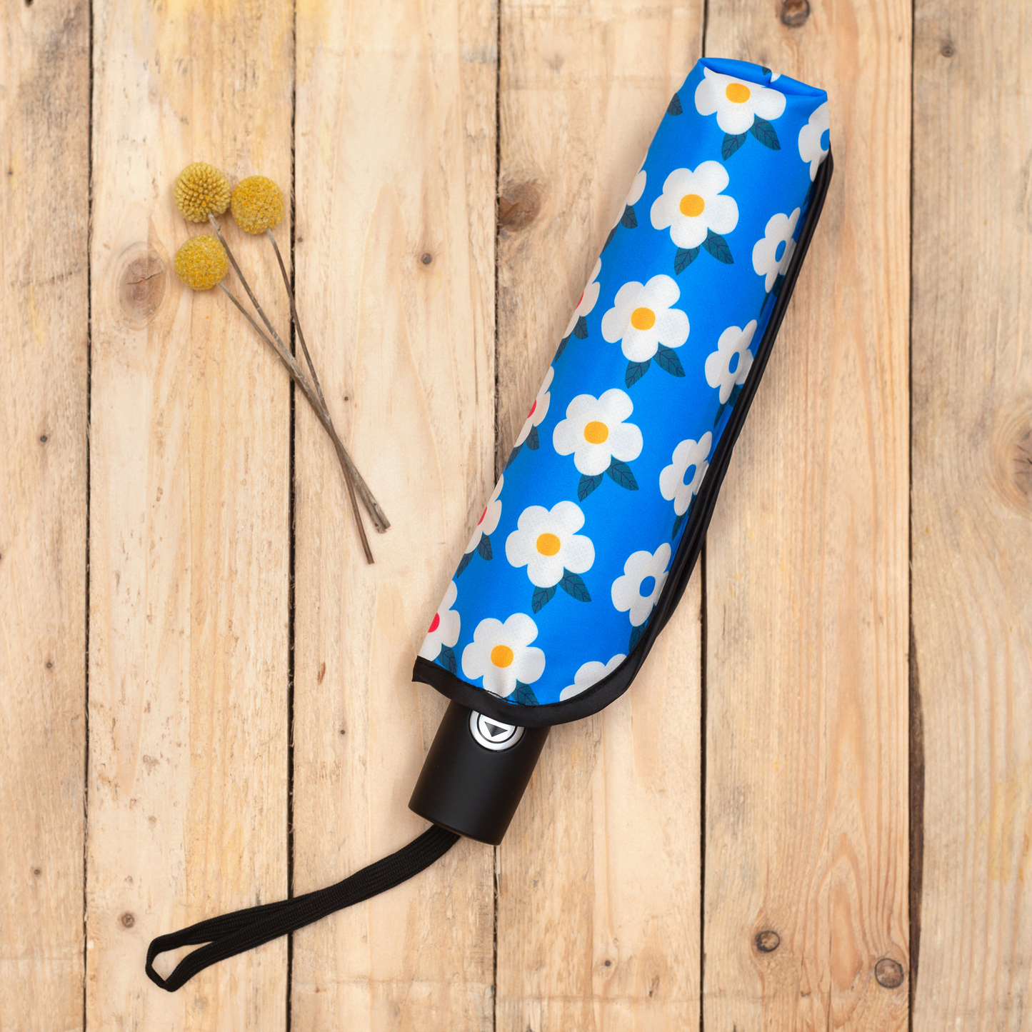 Retro-Regenschirm mit floralem Design, Ozeanblau – Emaillehappy