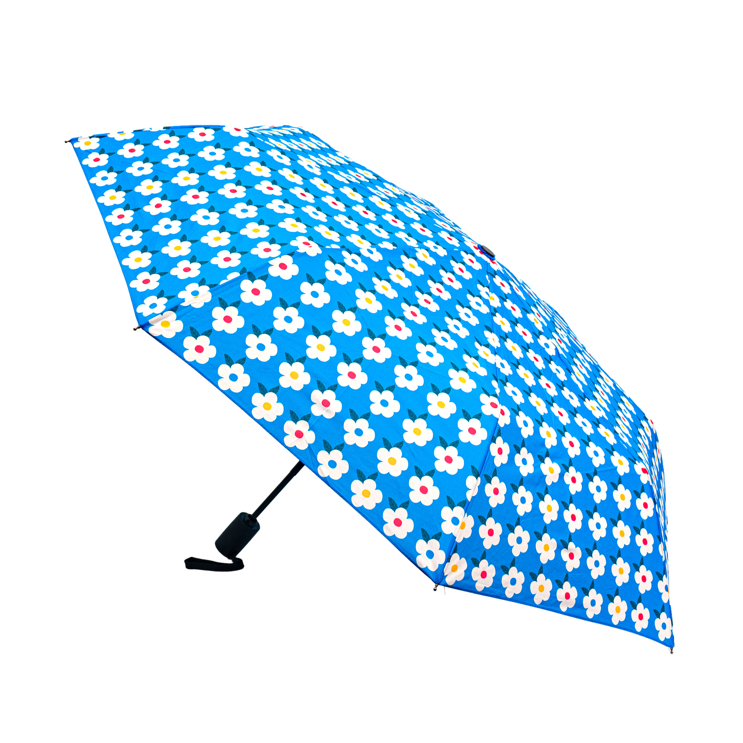 Retro-Regenschirm mit floralem Design, Ozeanblau – Emaillehappy