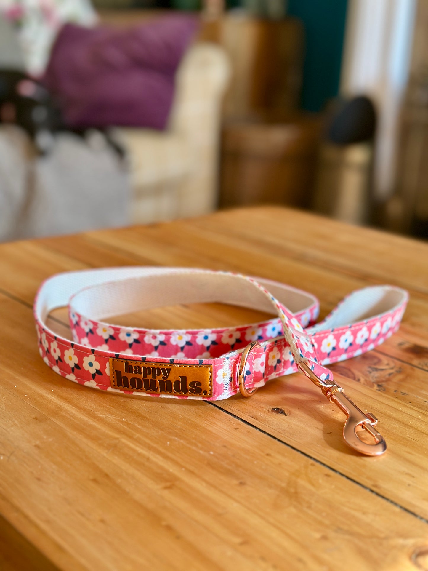 Retro Floral Dog Collar and Lead Set in Rose Pink with Rose Gold Hardware by happyhounds