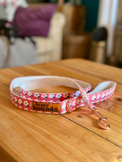Retro Floral Dog Collar and Lead Set in Rose Pink with Rose Gold Hardware by happyhounds