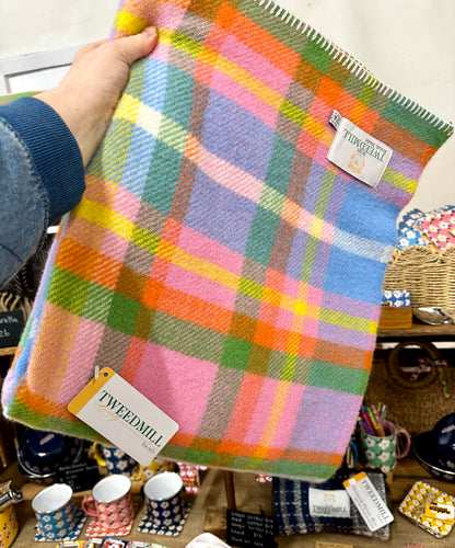 Rainbow Check Wool Throw Blanket: Tweedmill, British Made