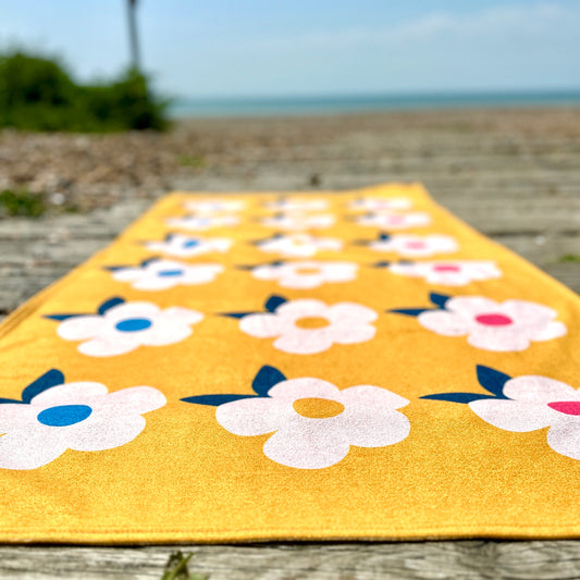 Beautiful Quick Dry Beach/Bath Towel Large - Retro Floral Honey Yellow