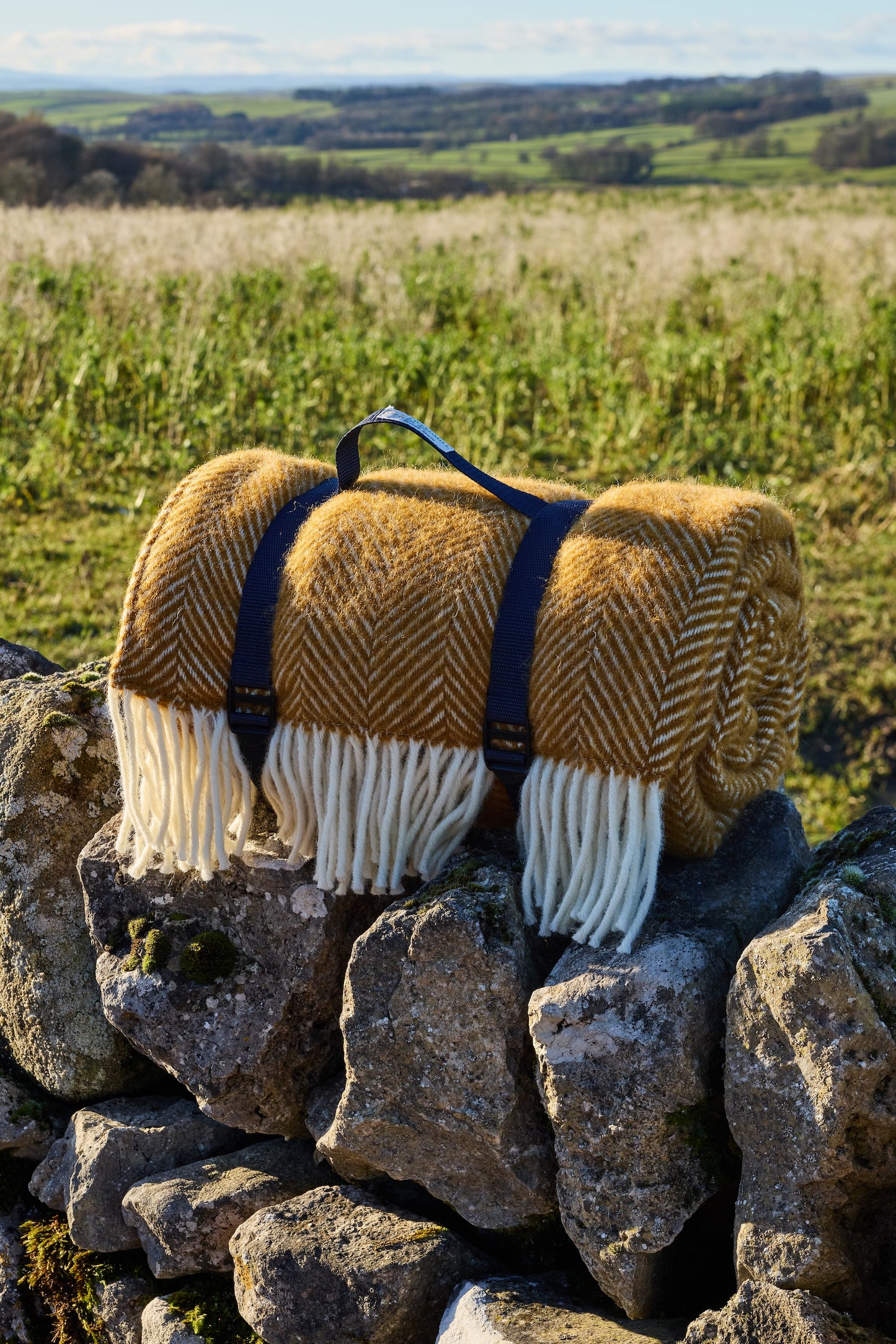 Polo Picnic Rug Blanket English Mustard/Navy Fishbone Weave and Navy Strap