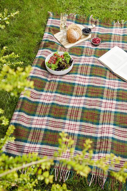 Thistleberry & Wine Picnic Rug Blanket Tartan Checked Burgundy/Claret with Leather Carry Strap