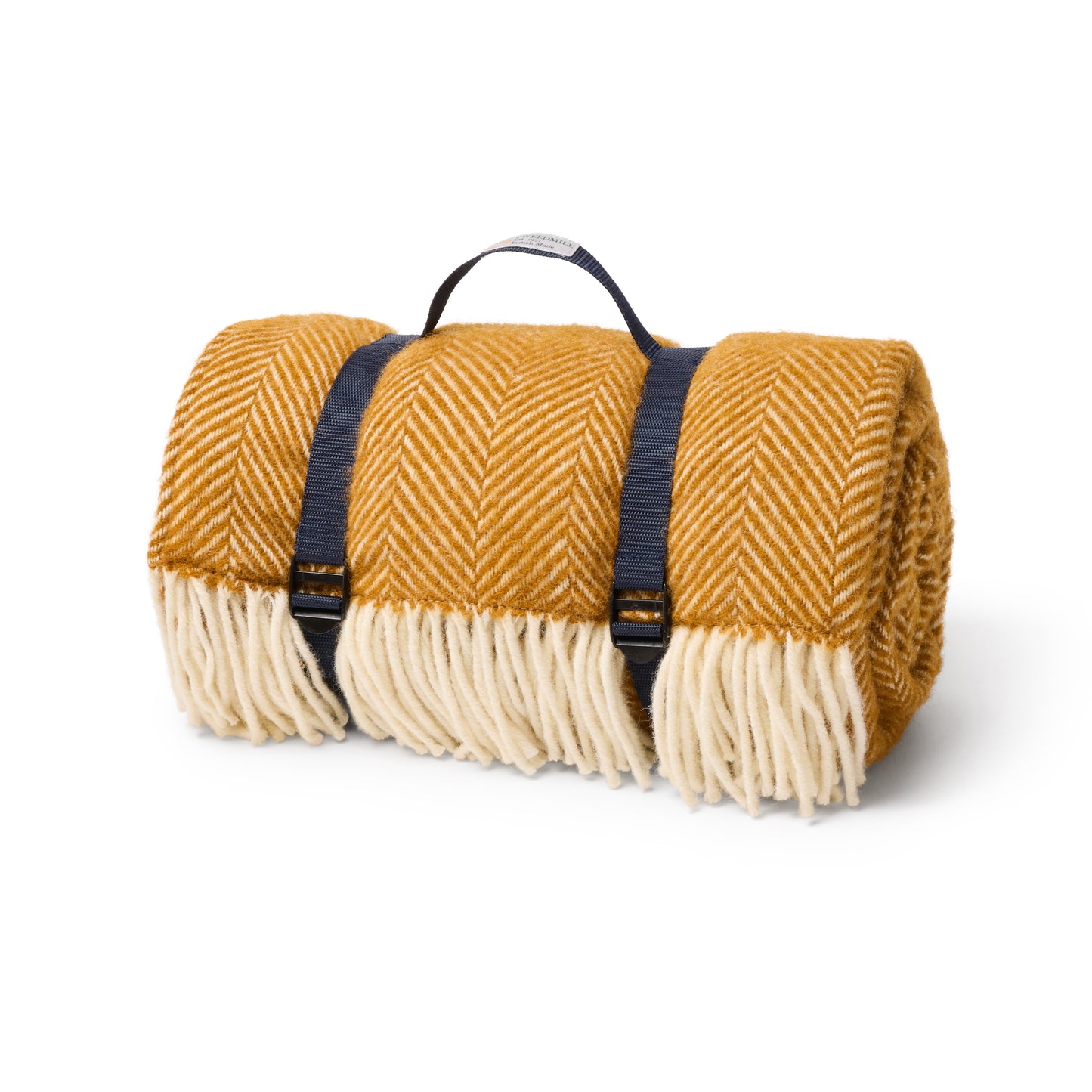 Polo Picnic Rug Blanket English Mustard/Navy Fishbone Weave and Navy Strap