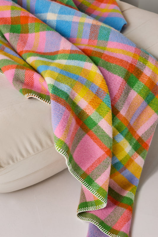 Rainbow Check Wool Throw Blanket: Tweedmill, British Made
