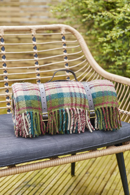 Thistleberry & Wine Picnic Rug Blanket Tartan Checked Burgundy/Claret with Leather Carry Strap