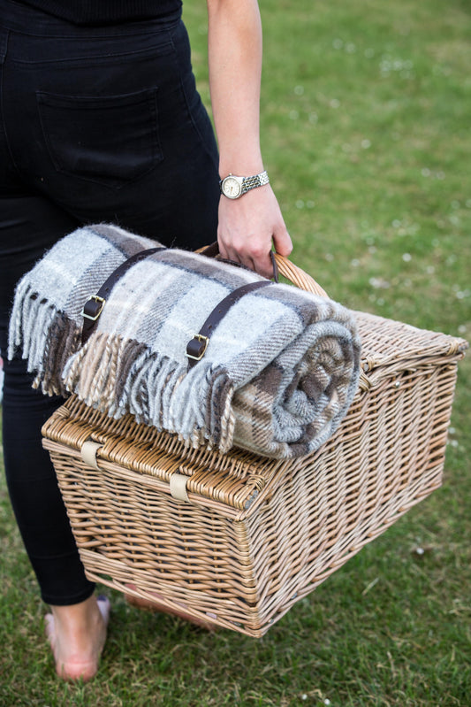 Polo Picnic Rug Blanket McKellar Tartan Checked Brown/Neutrals with Leather Strap - Beautiful Tweedmill