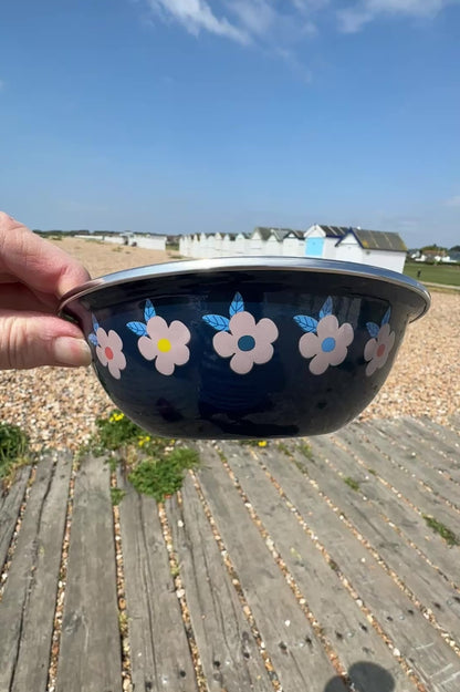 Beautiful Enamel Bowls in Midnight Navy Blue Retro Daisy Floral Print - Enamelhappy