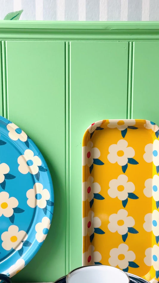 Gorgeous Round Tray Retro Floral Ocean Blue - Enamelhappy