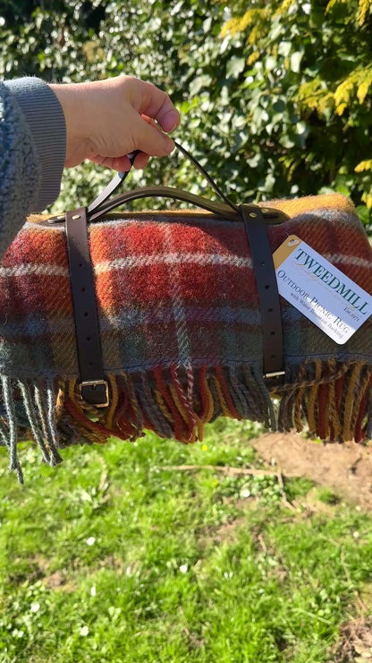 Polo-Picknickdecke, Fischgrätenmuster, Vintage/Braun mit Lederriemen – wunderschöne Tweedmill