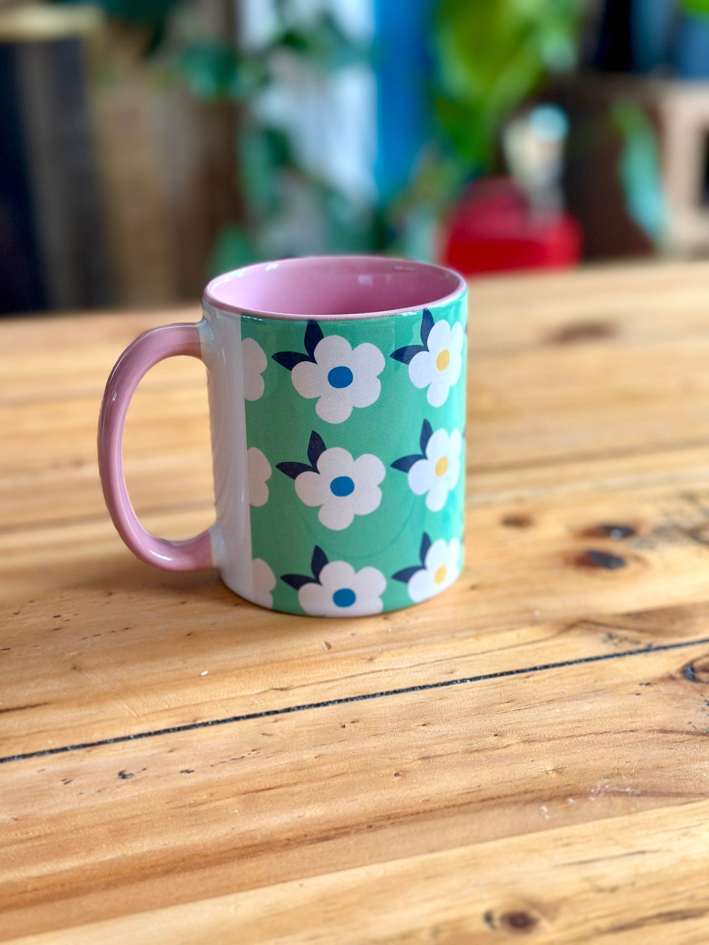 Retro Floral 11oz Ceramic Mug - Meadow Green with Pink - Enamelhappy