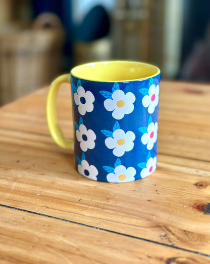 Retro Floral 11oz Ceramic Mug - Midnight Navy with Yellow. - Enamelhappy