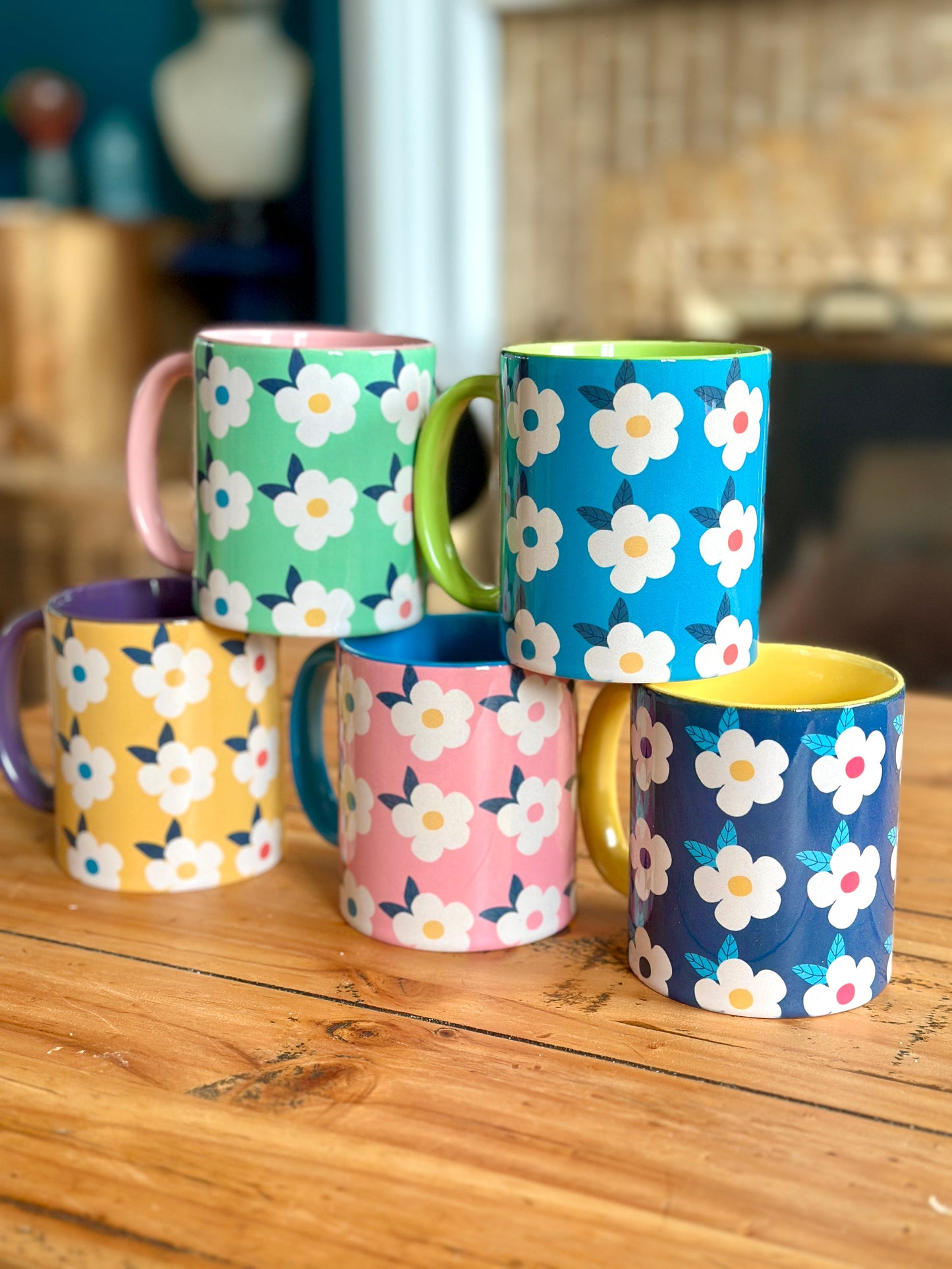 Retro Floral 11oz Ceramic Mug - Ocean Blue with Green - Enamelhappy